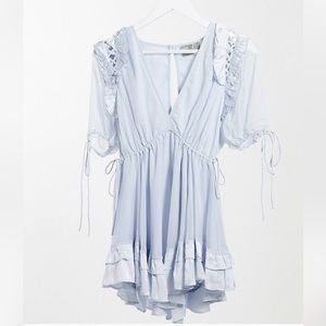 Petite Mini Satin Trim Ruffle And Tie Detail Light Blue Dress